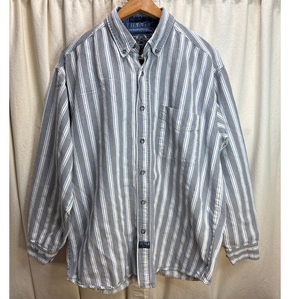 Coliseum Jeans Vintage Striped Long Sleeve Denim Shirt Blue Gray & White Large